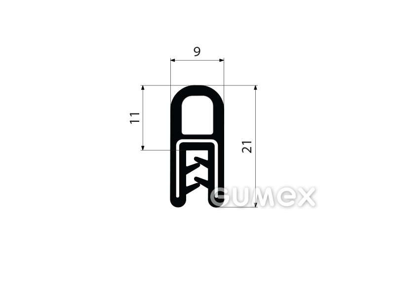 Profil U-PIRELI mit Metallverstärkung mit oberer Dichtung A1512/4,60°ShA,U-EPDM, Bauch-EPDM, schwarz, 